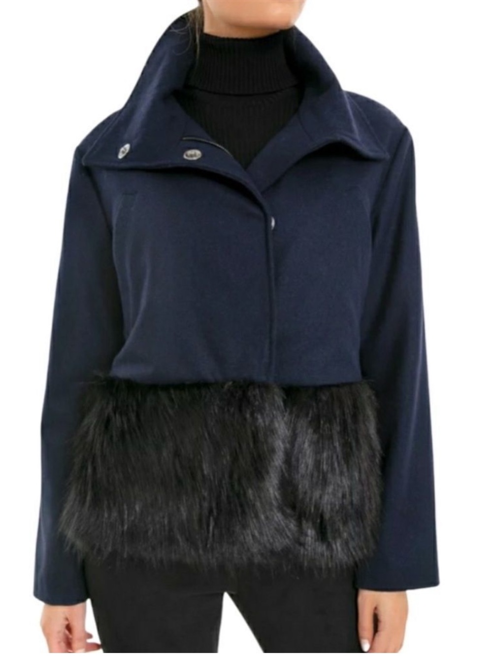Tuckernuck Maxwell Wool Blend Navy Blue Black Fur Trim Jacket Womens XS EUC